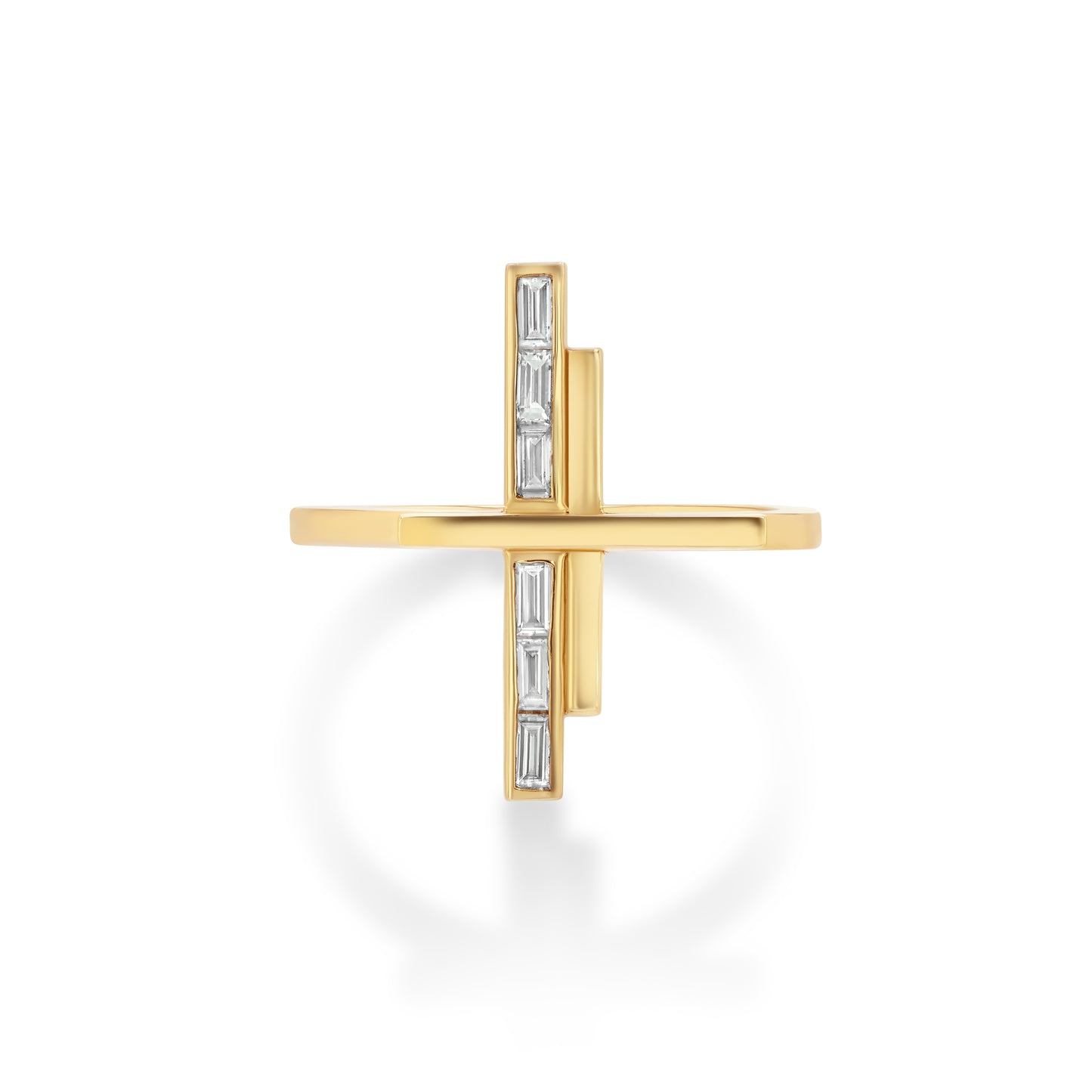 Gold cross-shaped ring with baguette diamond stones on a white background