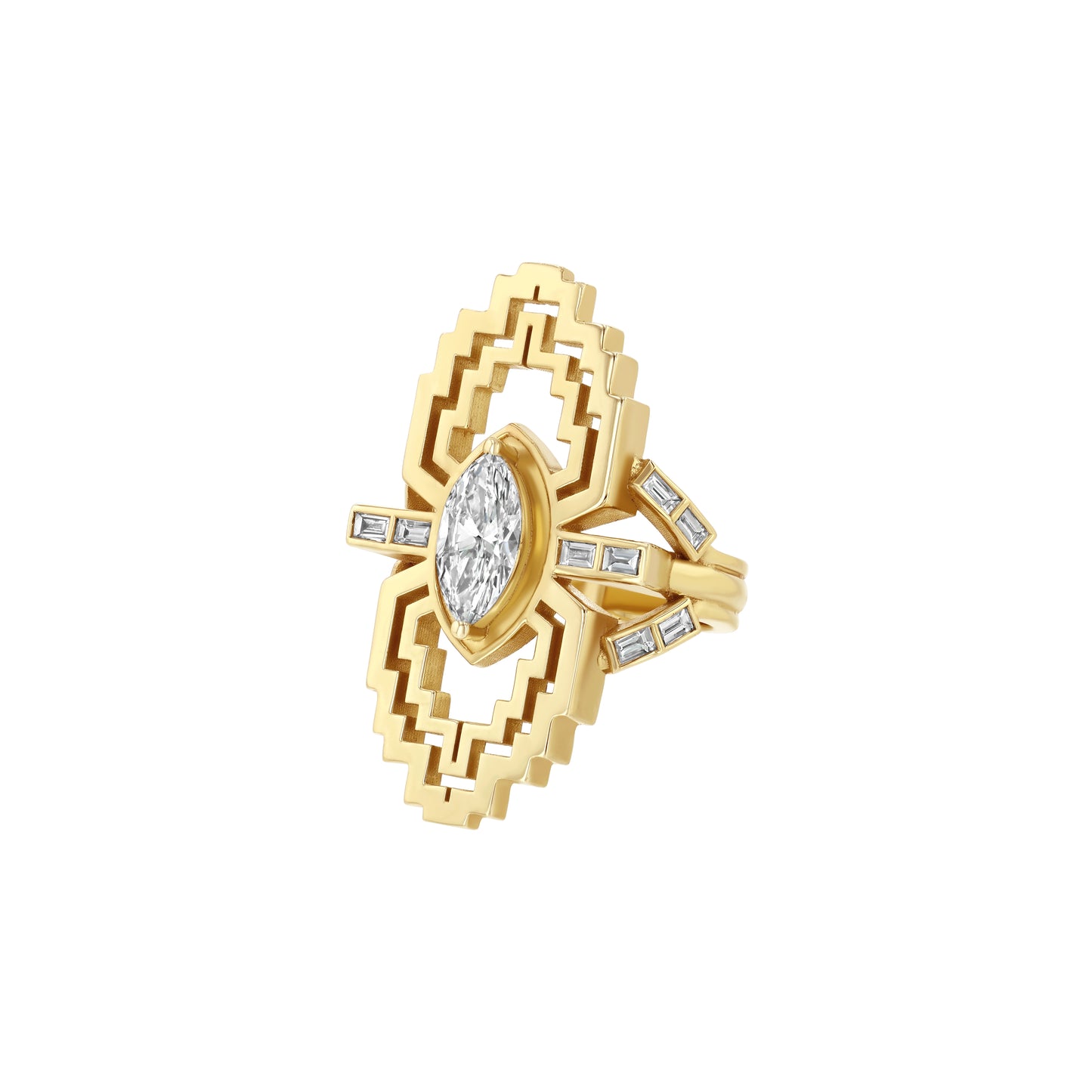 A marquise-shaped diamond ring with baguette stones set in a geometric pattern on the arms of the ring, crafted in 18k recycled gold.