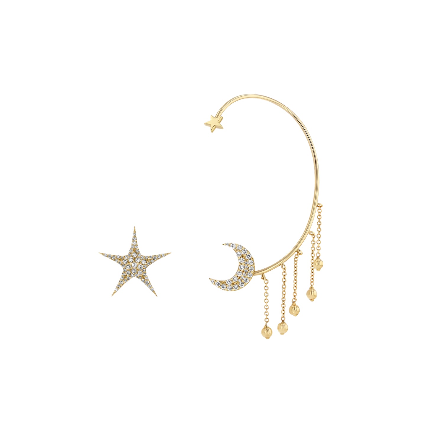 A pair of asymmetrical earrings featuring a crescent moon and a star, with the moon earring attached to a series of dangling gold beads. Both earrings are set with natural diamonds.