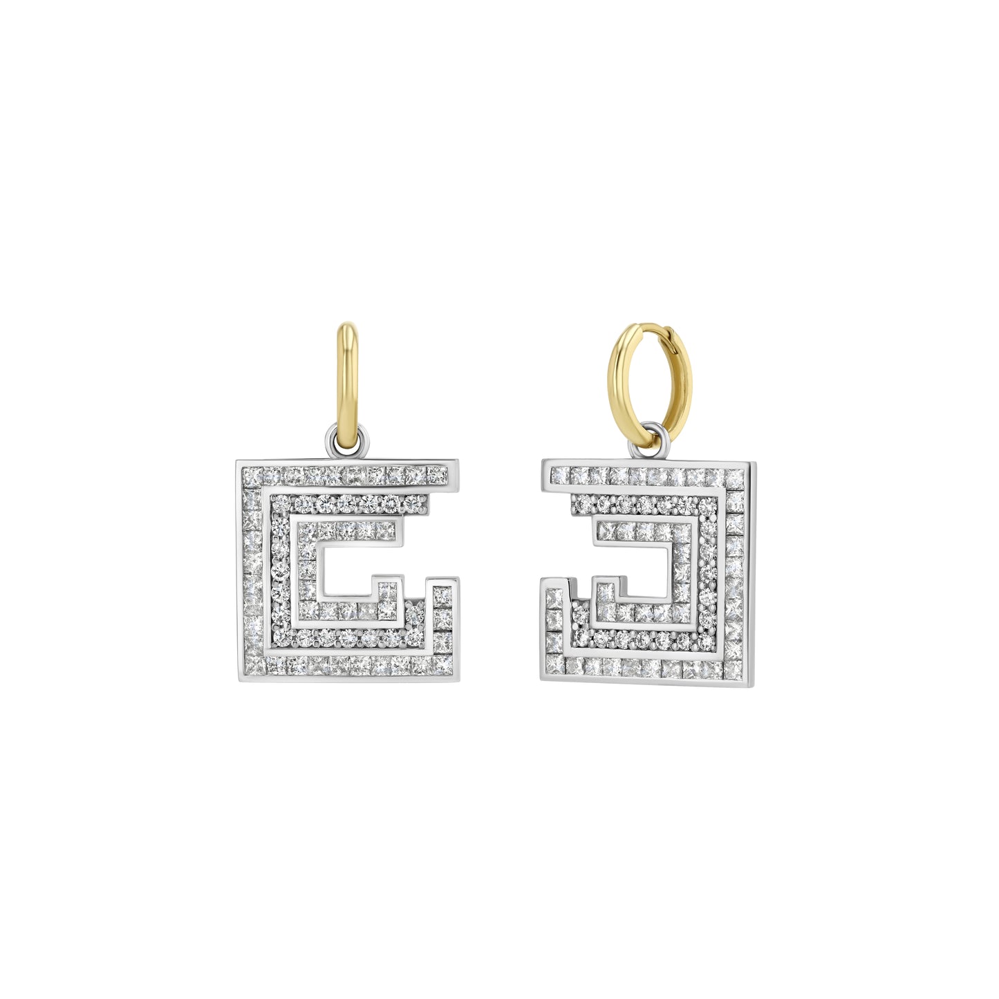 A pair of white gold diamond earrings with a geometric design, featuring princess cuts and round diamonds.
