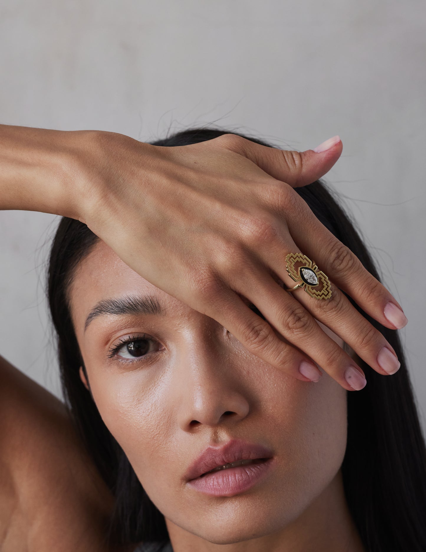 maze motif solid gold ring with 1 carat marquise diamond and black enamel