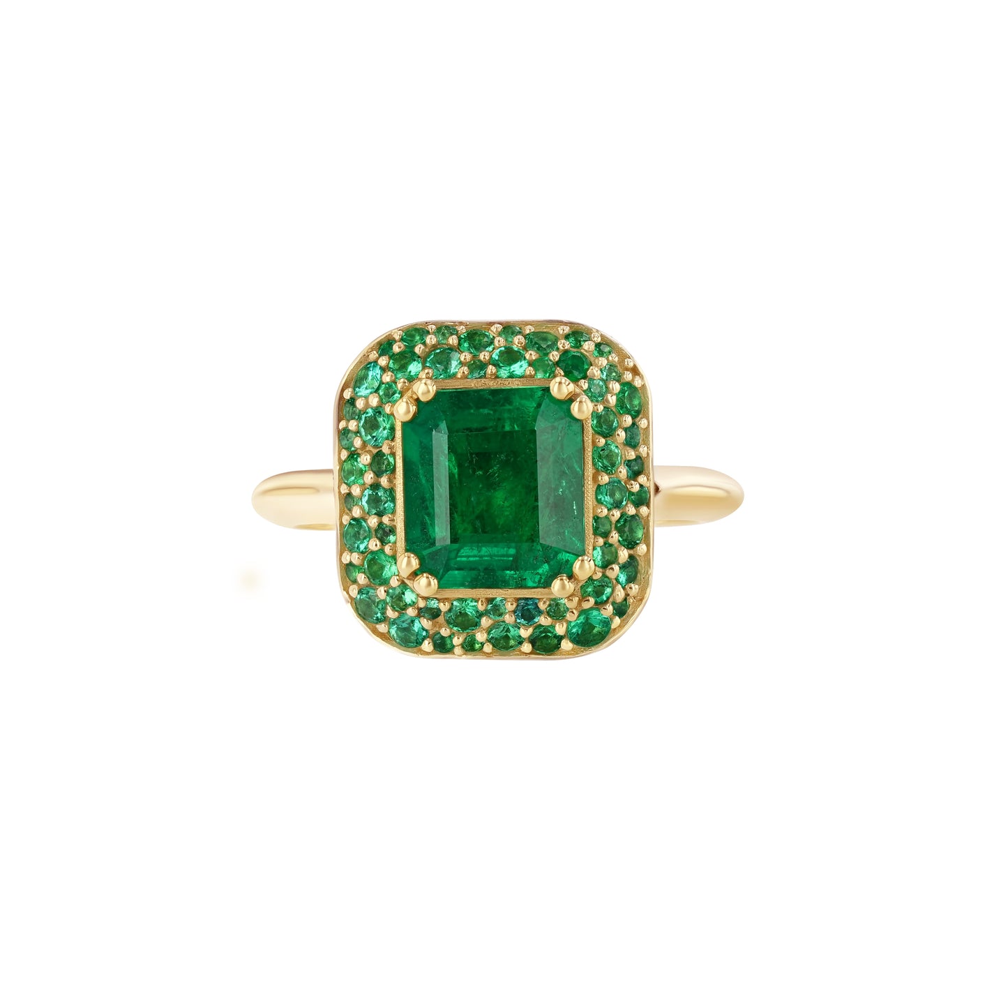 An elegant gold ring featuring a large octagon cut emerald with pave emerald cuts around it and diamond baguette cuts beneath, set against a white background.