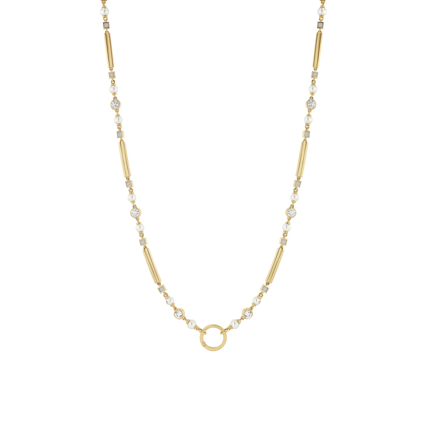 LÖF signature long chain in 18k solid yellow gold with 4 carats of round brilliant diamonds and 41 freshwater pearls made in 18k solid yellow gold