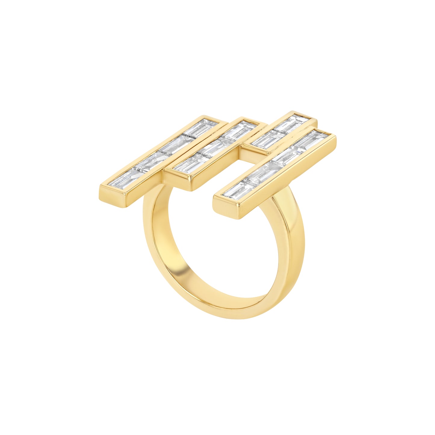 A chunky yet elegant gold ring with multiple baguette cut diamonds