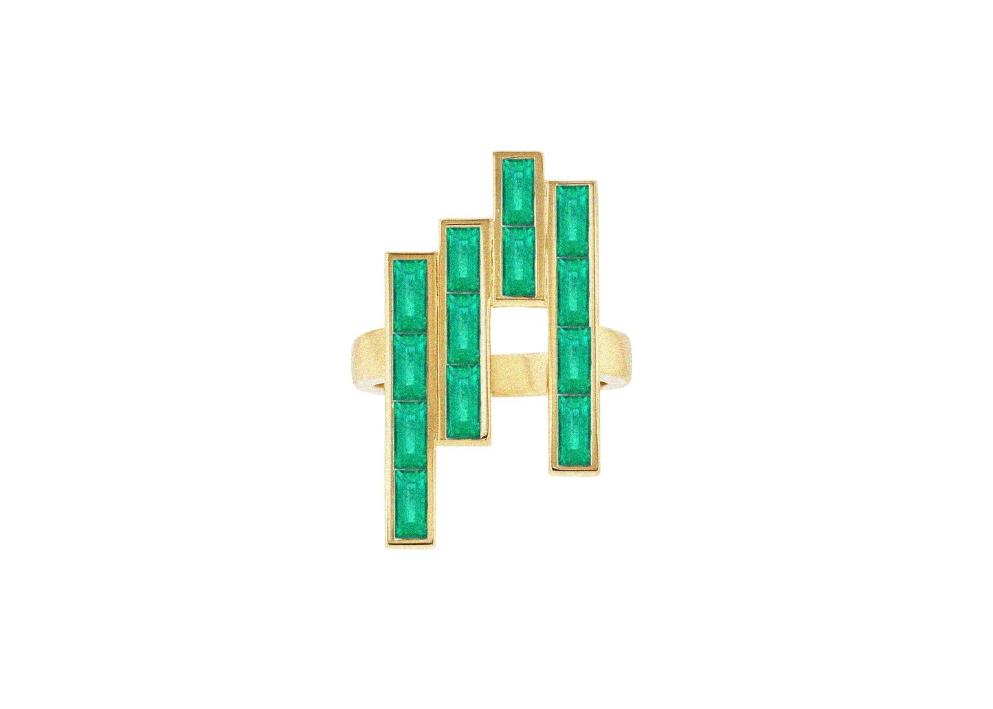 18k Gold ring with Colombian emeralds on a white background