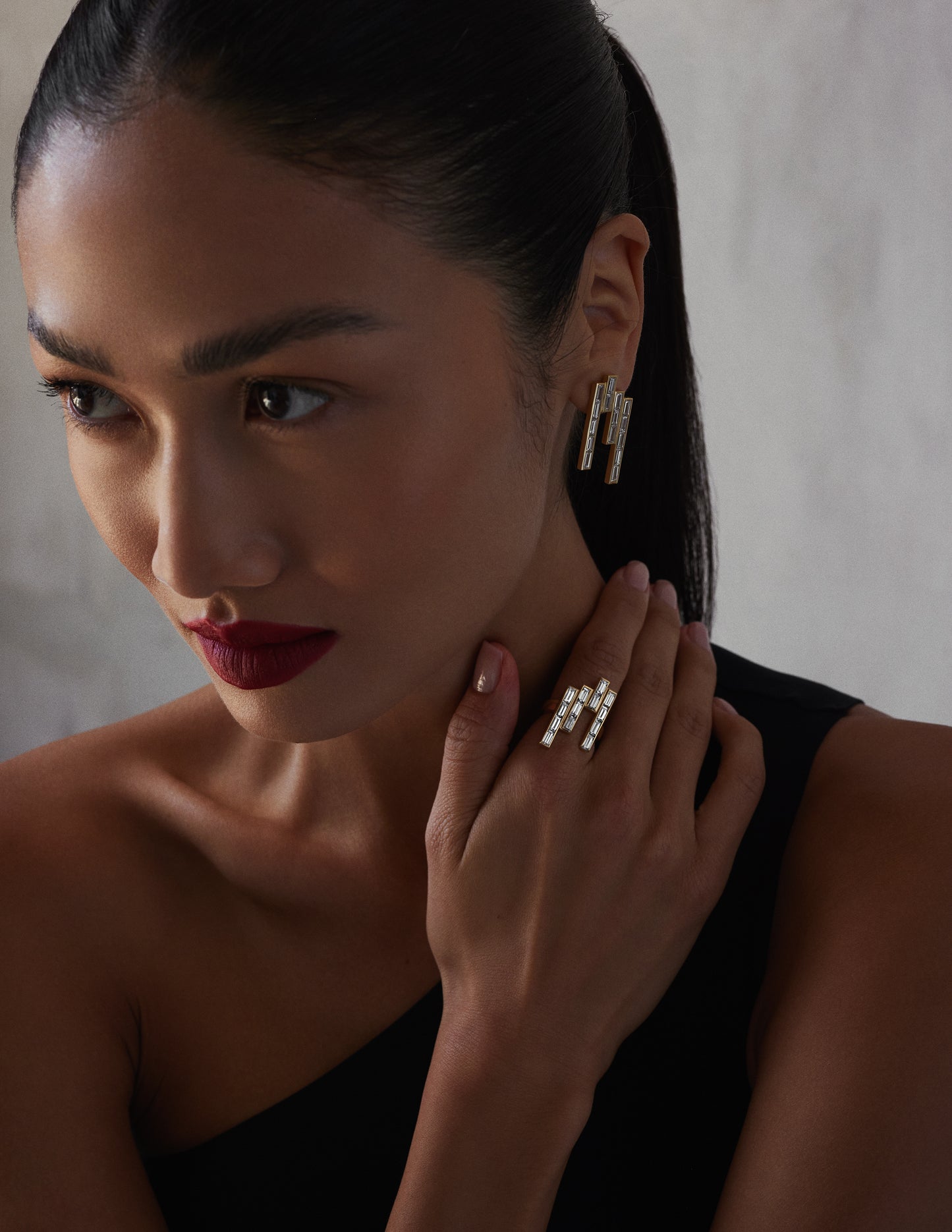 The Tallulah earrings-18k solid yellow gold set with 8 carats of baguette diamond drop down studs and 3.5 carat diamond ring