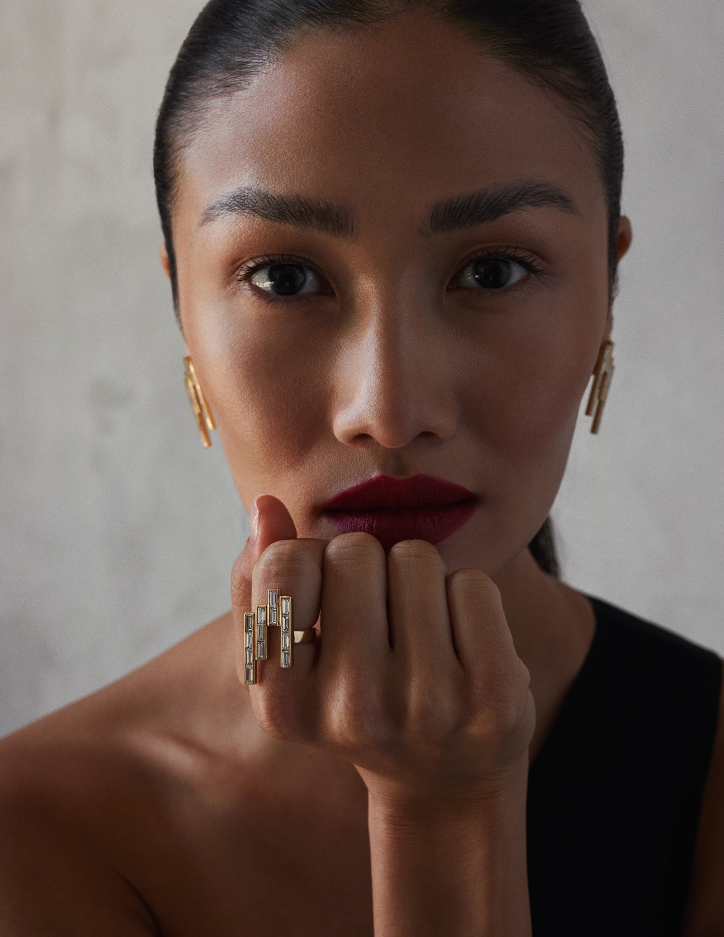 The Tallulah earrings-18k solid yellow gold set with 8 carats of baguette diamond drop down studs and 3.5 carat diamond ring