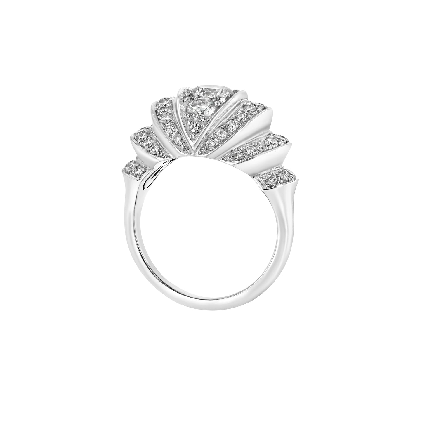a vintage-style dome-shaped ring with a central diamond surrounded by smaller diamonds set in 18k white gold.