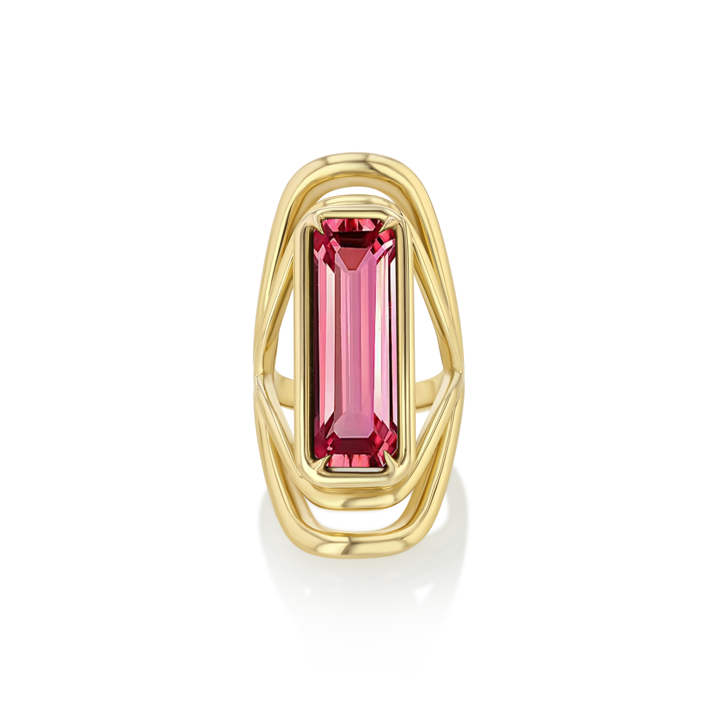 A LÖF gold ring featuring a large green tourmaline stone with a unique swooping band design.