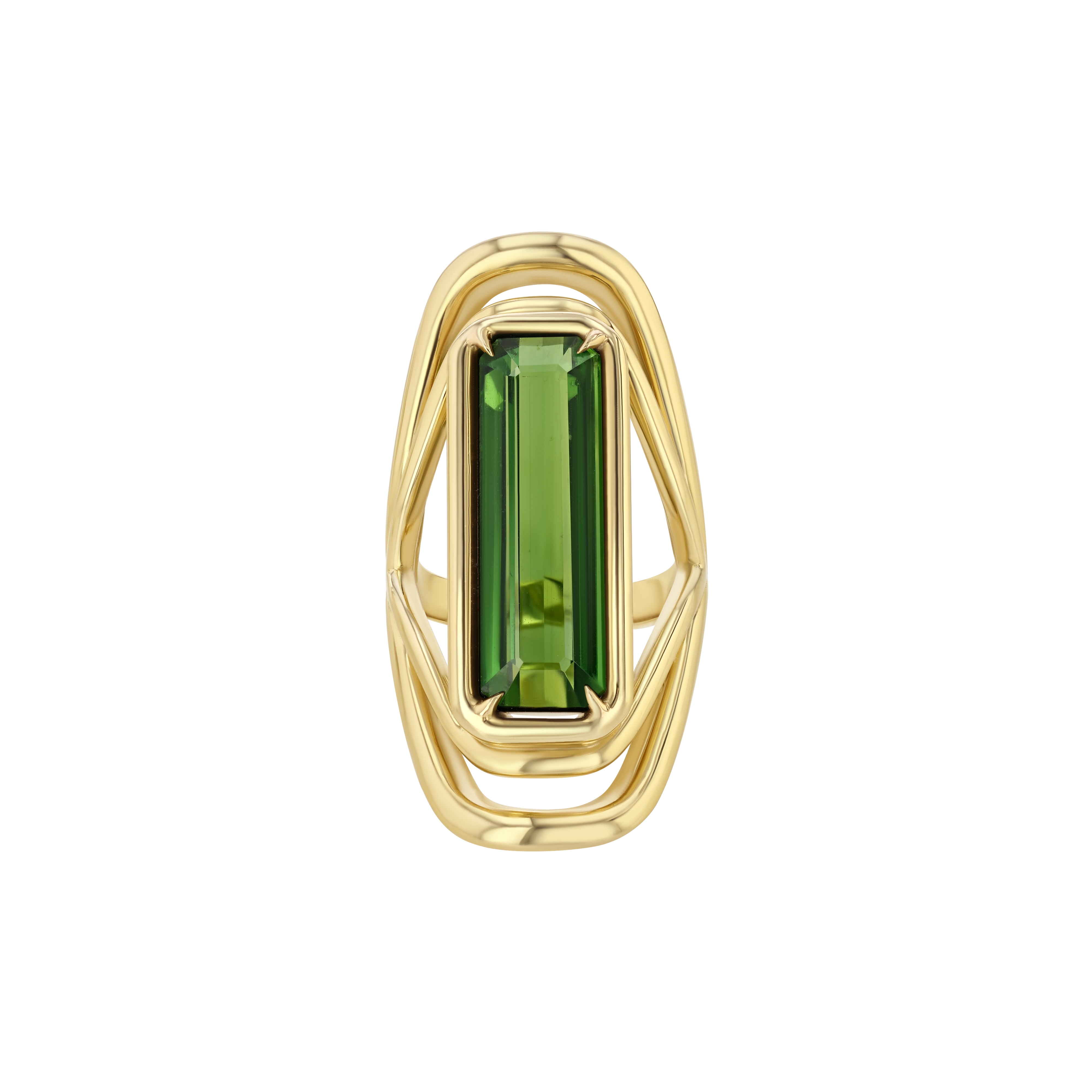 A LÖF gold ring featuring a large green tourmaline stone with a unique swooping band design.