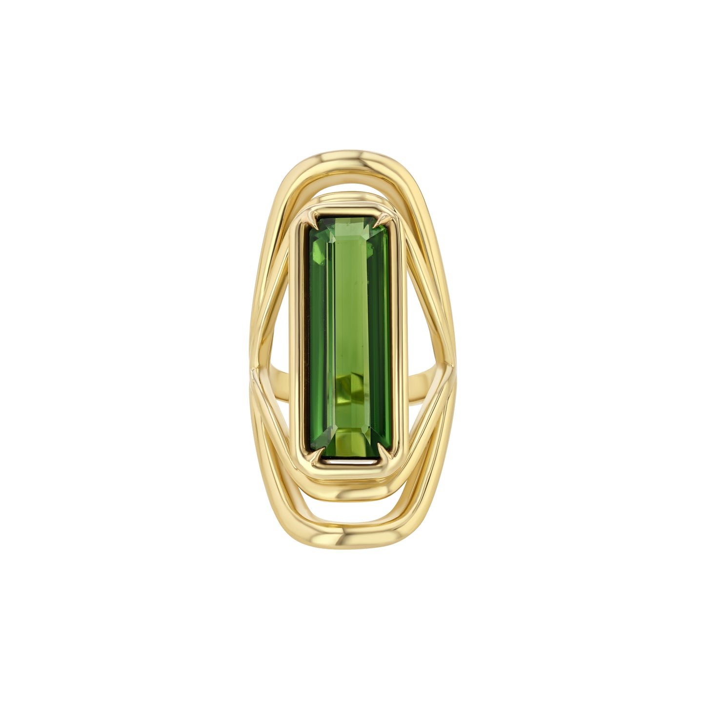 A LÖF gold ring featuring a large green tourmaline stone with a unique swooping band design.