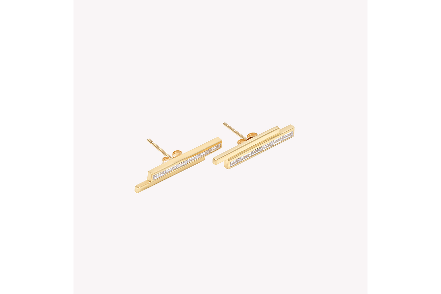 A pair of gold stud earrings with pinstripe bar design set with either diamonds or emeralds.