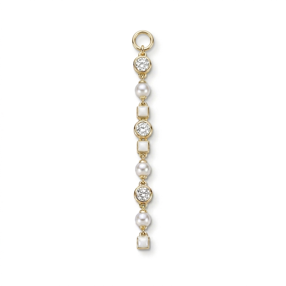 A gold-plated dangle charm featuring alternating round white pearls and square milky white stones, accented by round diamonds in gold bezel settings, shown on a plain white background.