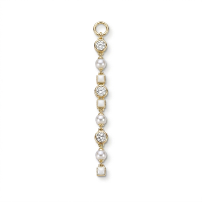 A gold-plated dangle charm featuring alternating round white pearls and square milky white stones, accented by round diamonds in gold bezel settings, shown on a plain white background.