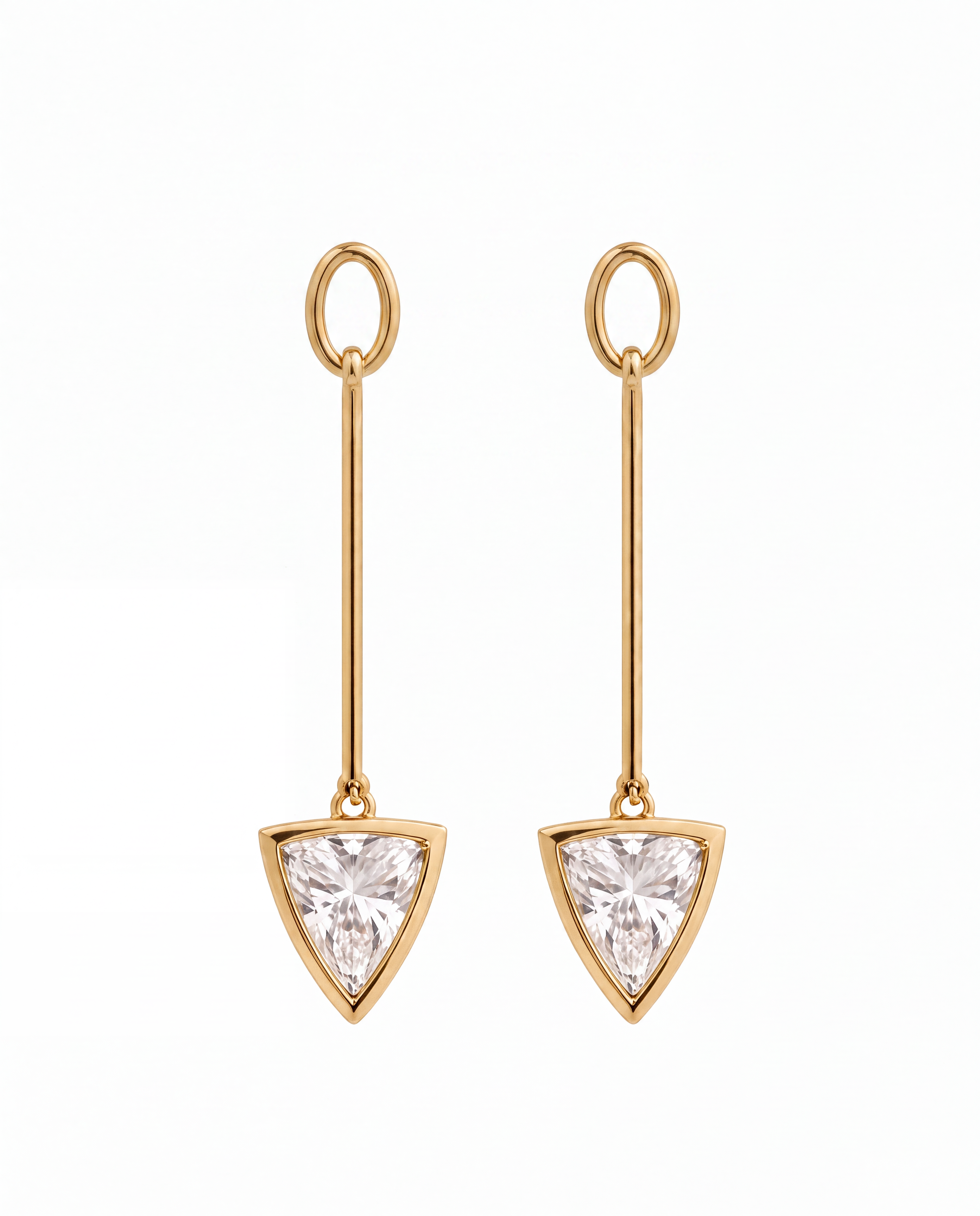 A pair of gold drop earrings with trillion diamonds, shown against a plain white background.