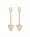 A pair of gold drop earrings with trillion diamonds, shown against a plain white background.