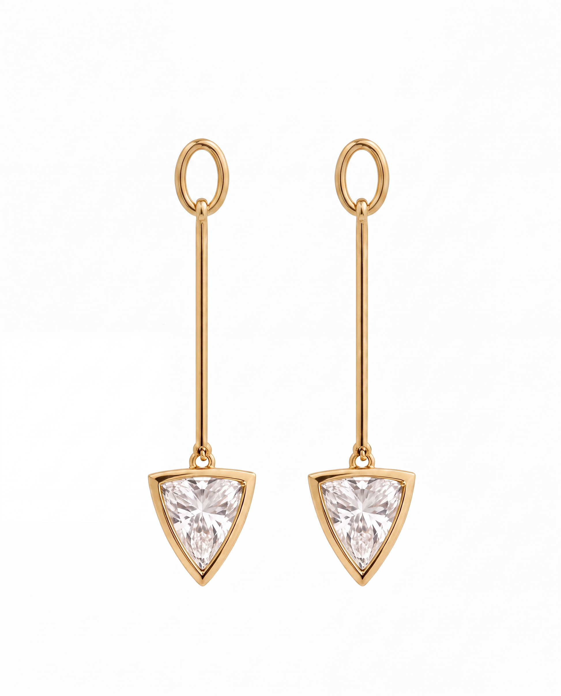A pair of gold drop earrings with trillion diamonds, shown against a plain white background.