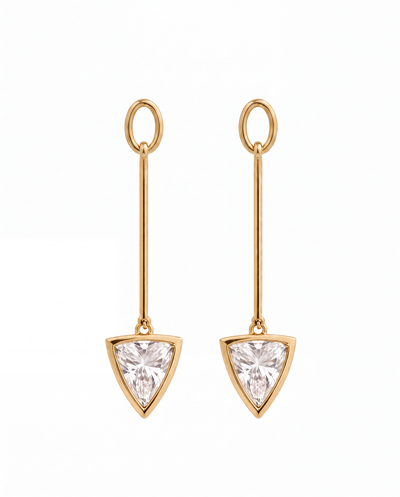 A pair of gold drop earrings with trillion diamonds, shown against a plain white background.