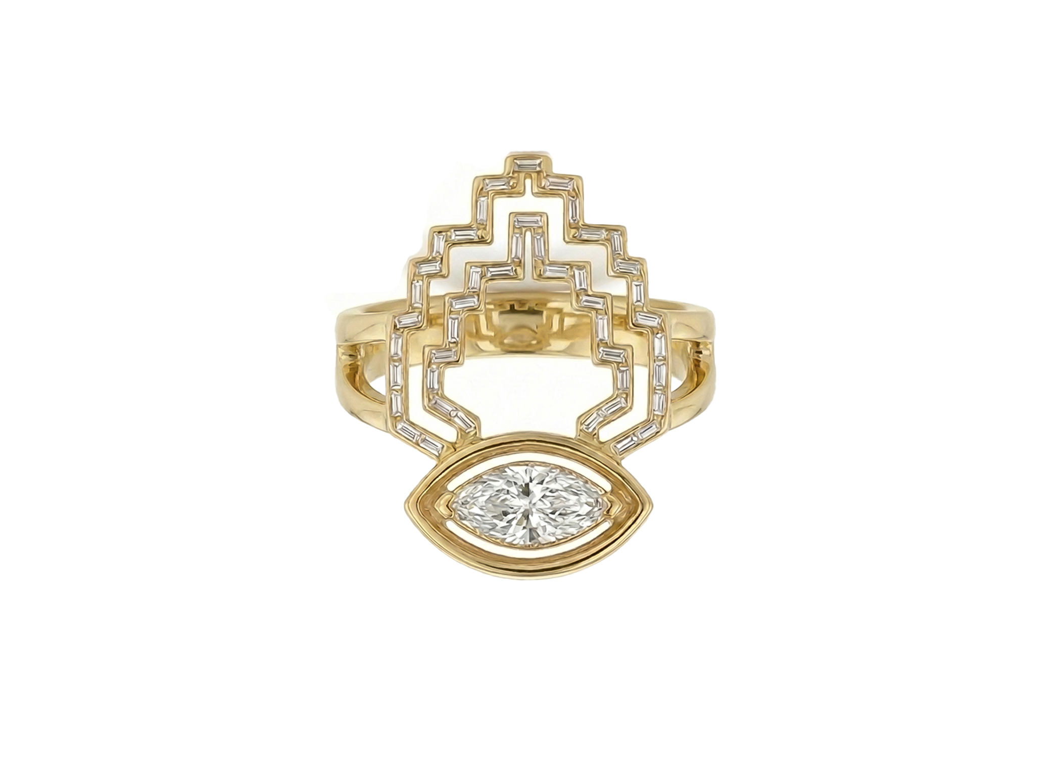18k gold ring with marquise diamond and baguette diamonds