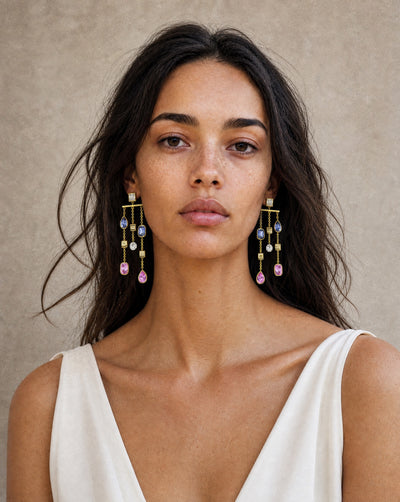 Dangle drop earrings in pink blue and white sapphire with diamonds