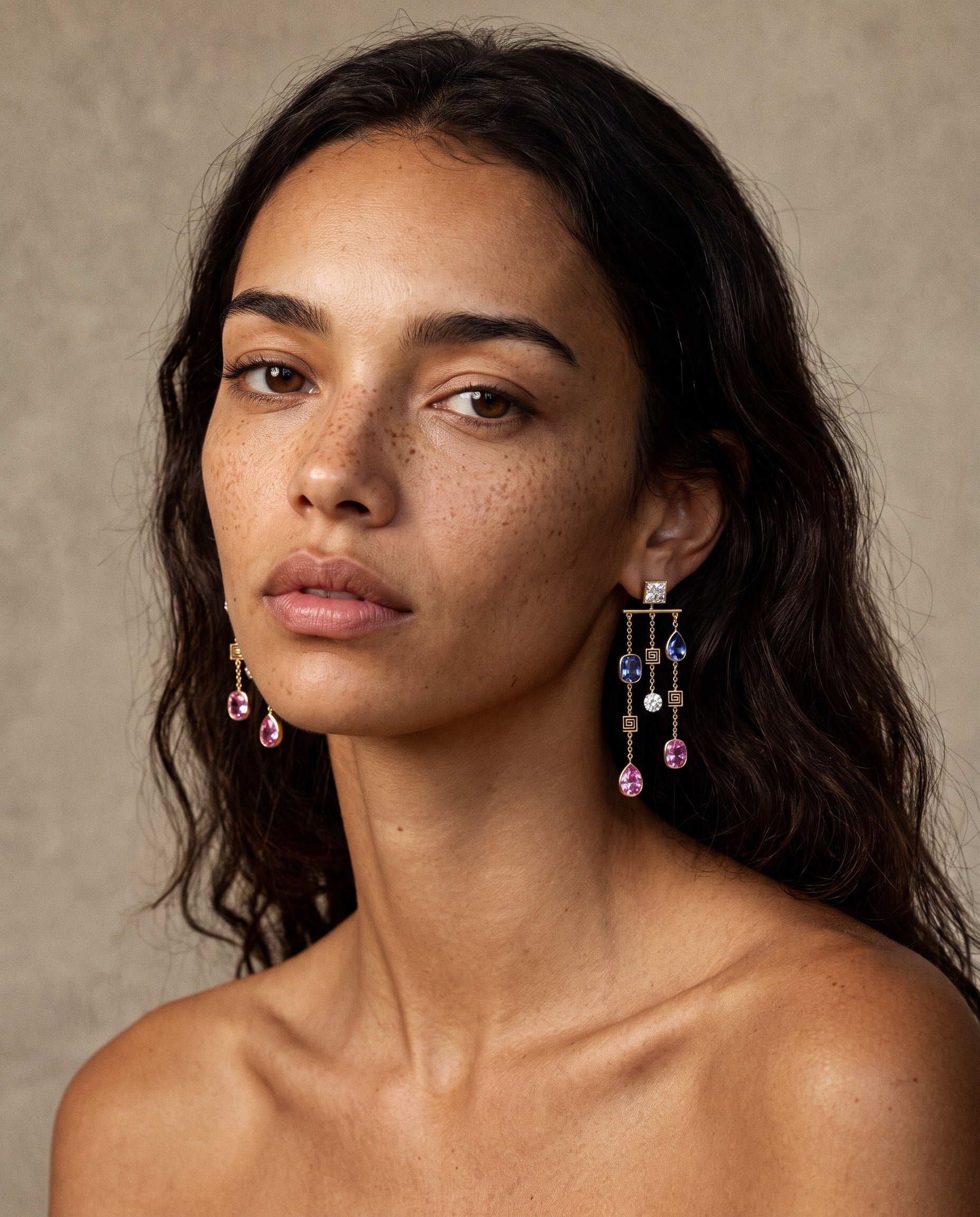 18k gold Dangle earrings in pink blue and white sapphire with diamonds
