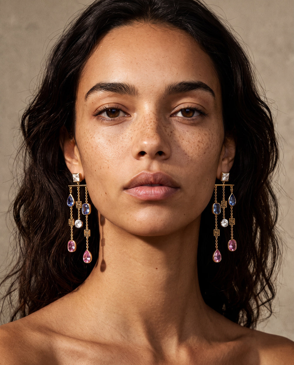 Long Dangle earrings in pink blue and white sapphire with diamonds