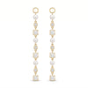 A pair of gold drop earrings featuring white pearls, square pearl-like beads, and old european cut diamonds, shown on a plain white background.