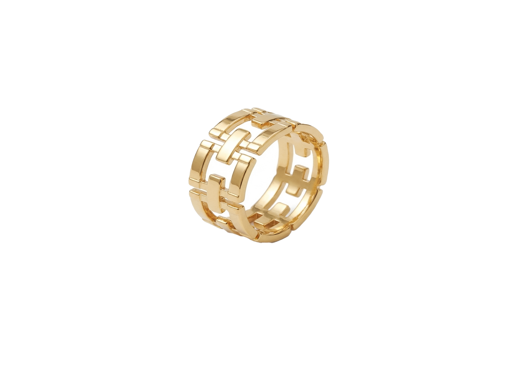 Gold ring with geometric design on a white background