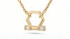 A gold geometric pendant necklace featuring a hexagonal design with two rectangular bezel-set clear baguette diamonds, suspended from a delicate gold chain against a white background.