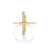 Gold cross-shaped ring with baguette diamond stones on a white background