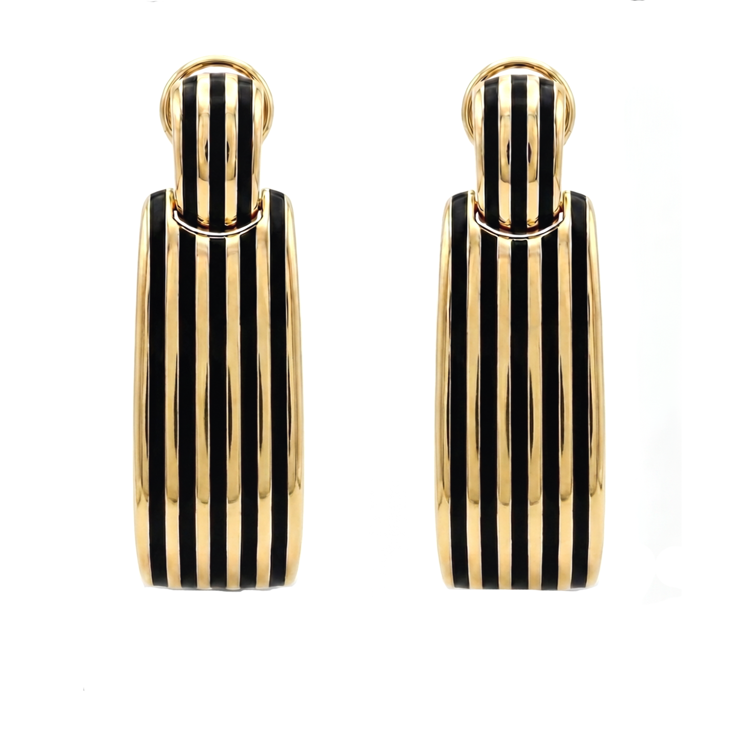 Gold and black striped earrings on a white background
