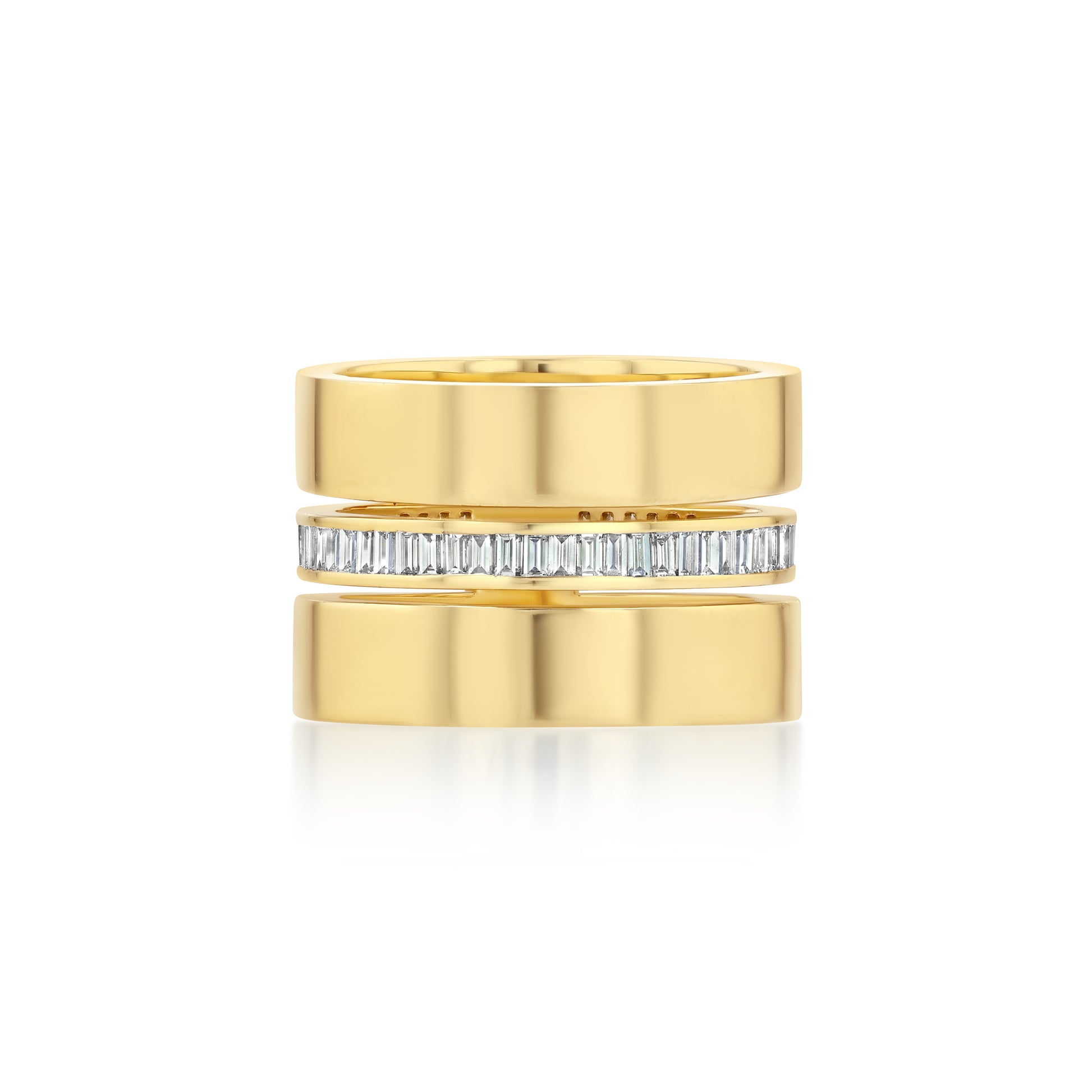 Gold ring with diamond band on a white background