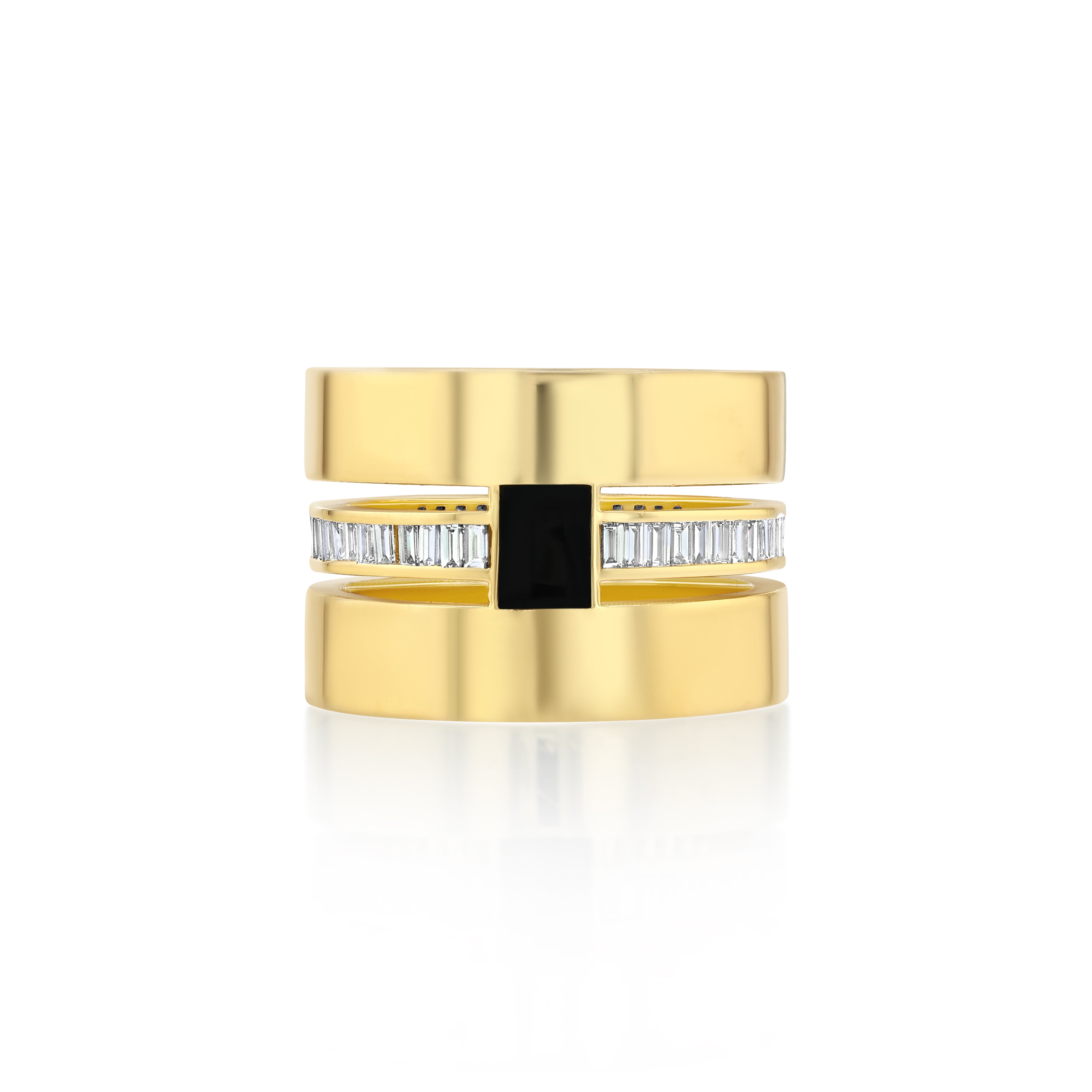 A thick cigar band ring with a hand-painted black enamel and gold square, set with baguette diamonds.