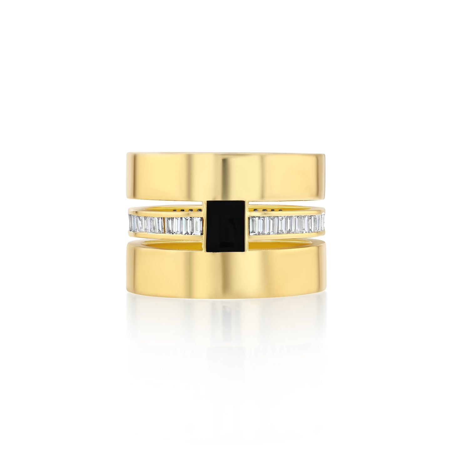 A thick cigar band ring with a hand-painted black enamel and gold square, set with baguette diamonds.