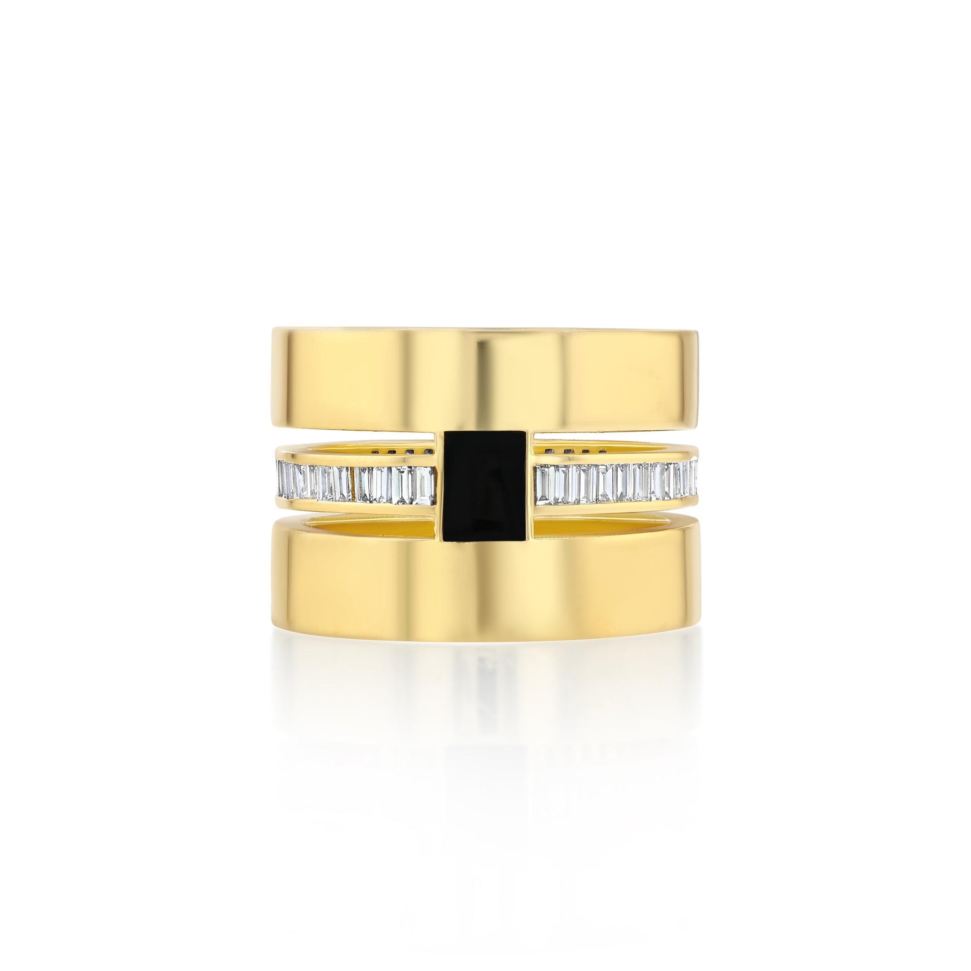 A thick cigar band ring with a hand-painted black enamel and gold square, set with baguette diamonds.