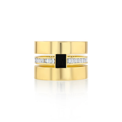 A thick cigar band ring with a hand-painted black enamel and gold square, set with baguette diamonds.