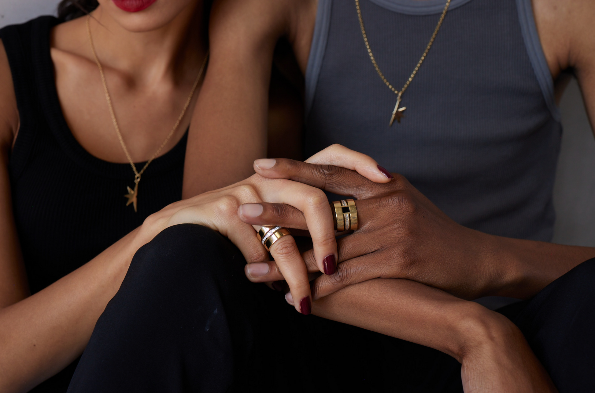 His and her matching triple band cigar band rings with baguette diamonds and black enamel 
