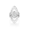 A marquise-shaped diamond ring with baguette stones set in a geometric pattern on the arms of the ring, crafted in 18k recycled gold.