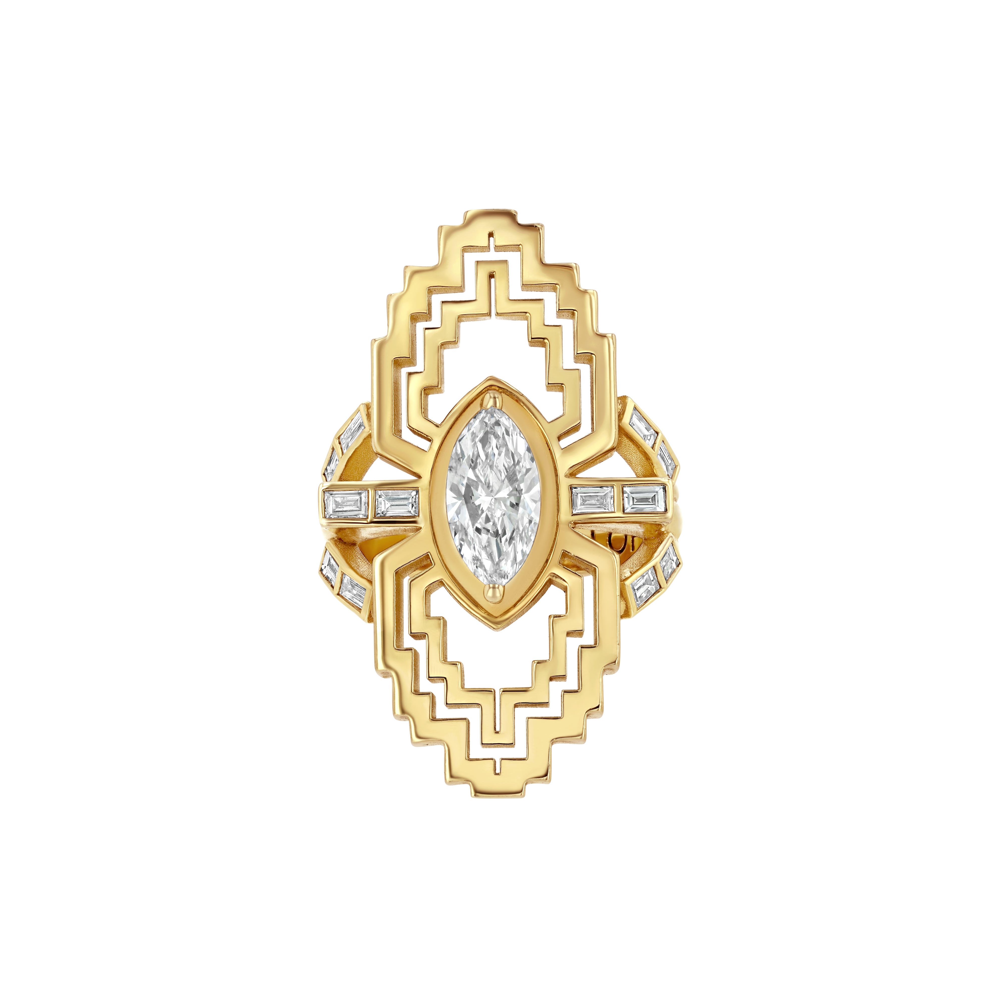 A marquise-shaped diamond ring with baguette stones set in a geometric pattern on the arms of the ring, crafted in 18k recycled gold.