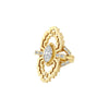A marquise-shaped diamond ring with baguette stones set in a geometric pattern on the arms of the ring, crafted in 18k recycled gold.