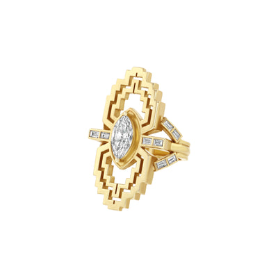 A marquise-shaped diamond ring with baguette stones set in a geometric pattern on the arms of the ring, crafted in 18k recycled gold.