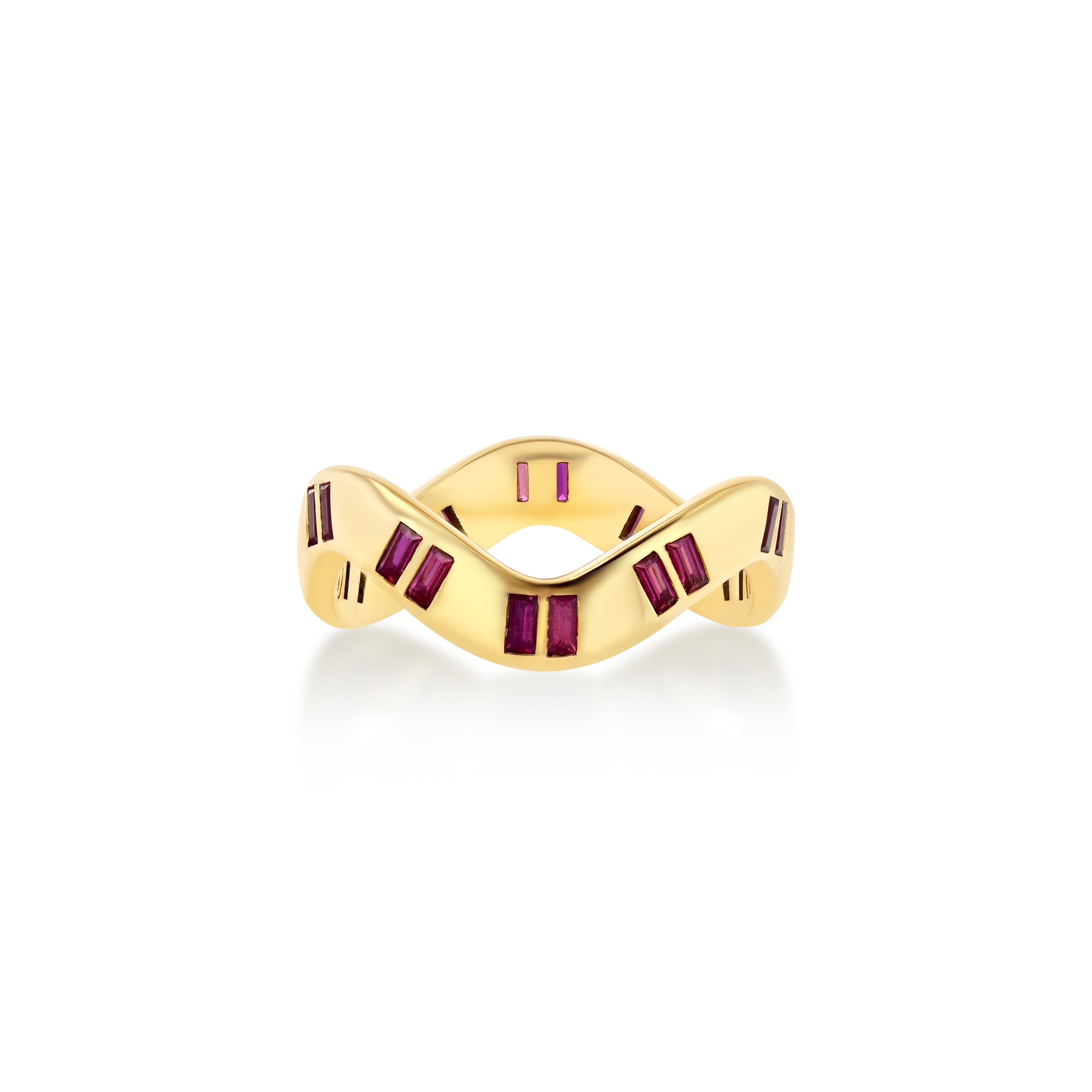 A wavey band gold ring set with natural rubies on a white background
