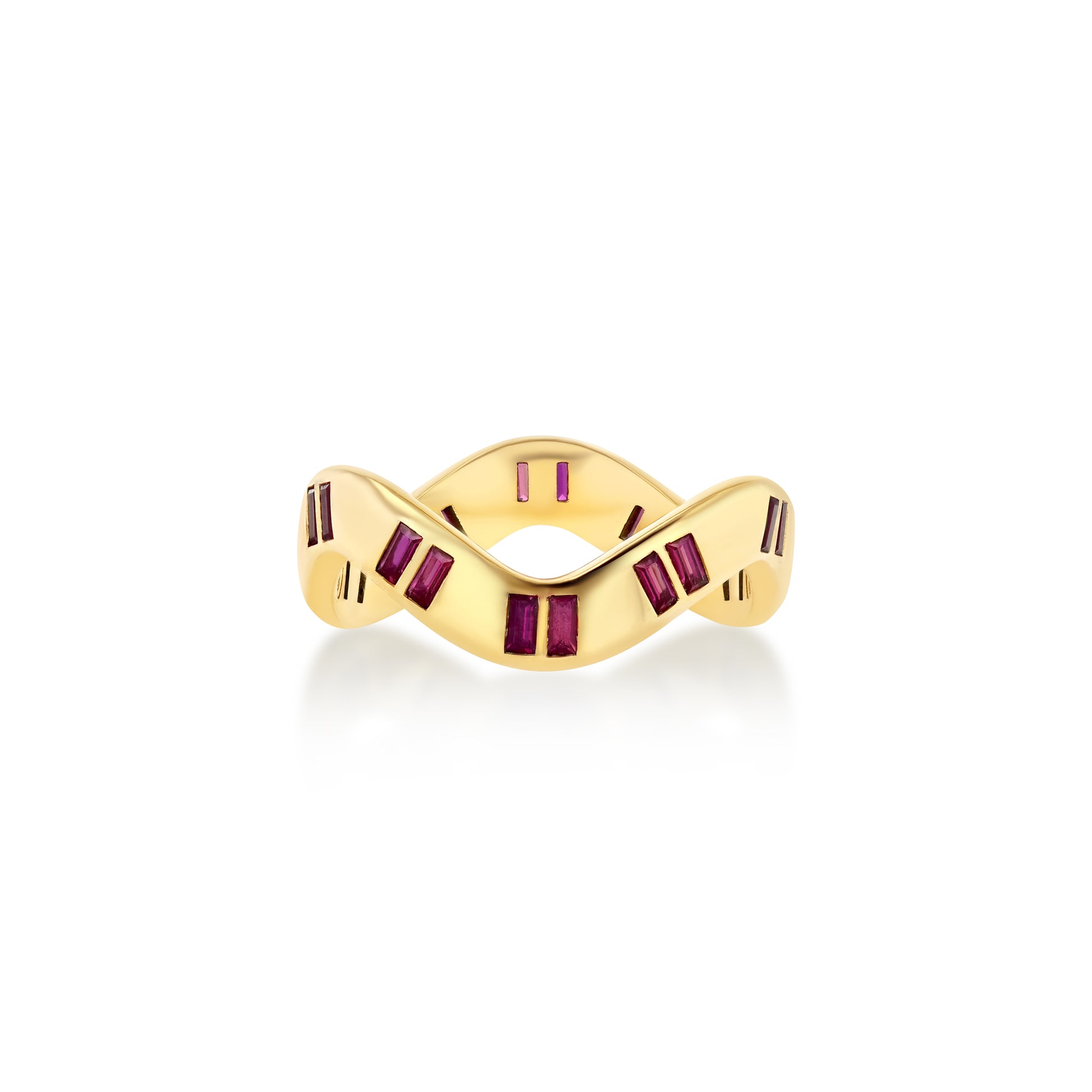 A wavey band gold ring set with natural rubies on a white background