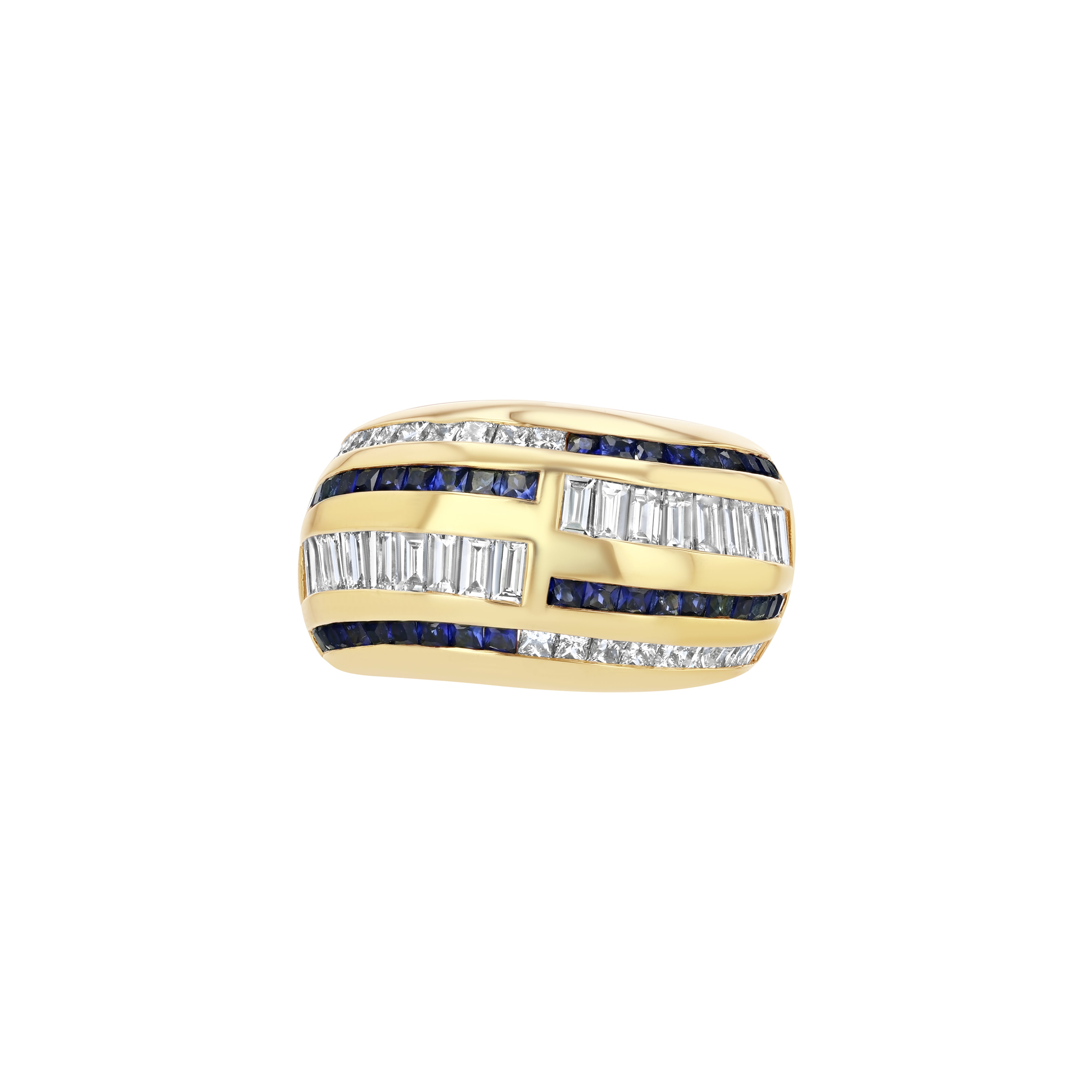 A dome-shaped cocktail ring with princess and baguette cut diamonds and sapphires, set in 18k solid yellow gold.