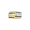 A dome-shaped cocktail ring with princess and baguette cut diamonds and sapphires, set in 18k solid yellow gold.