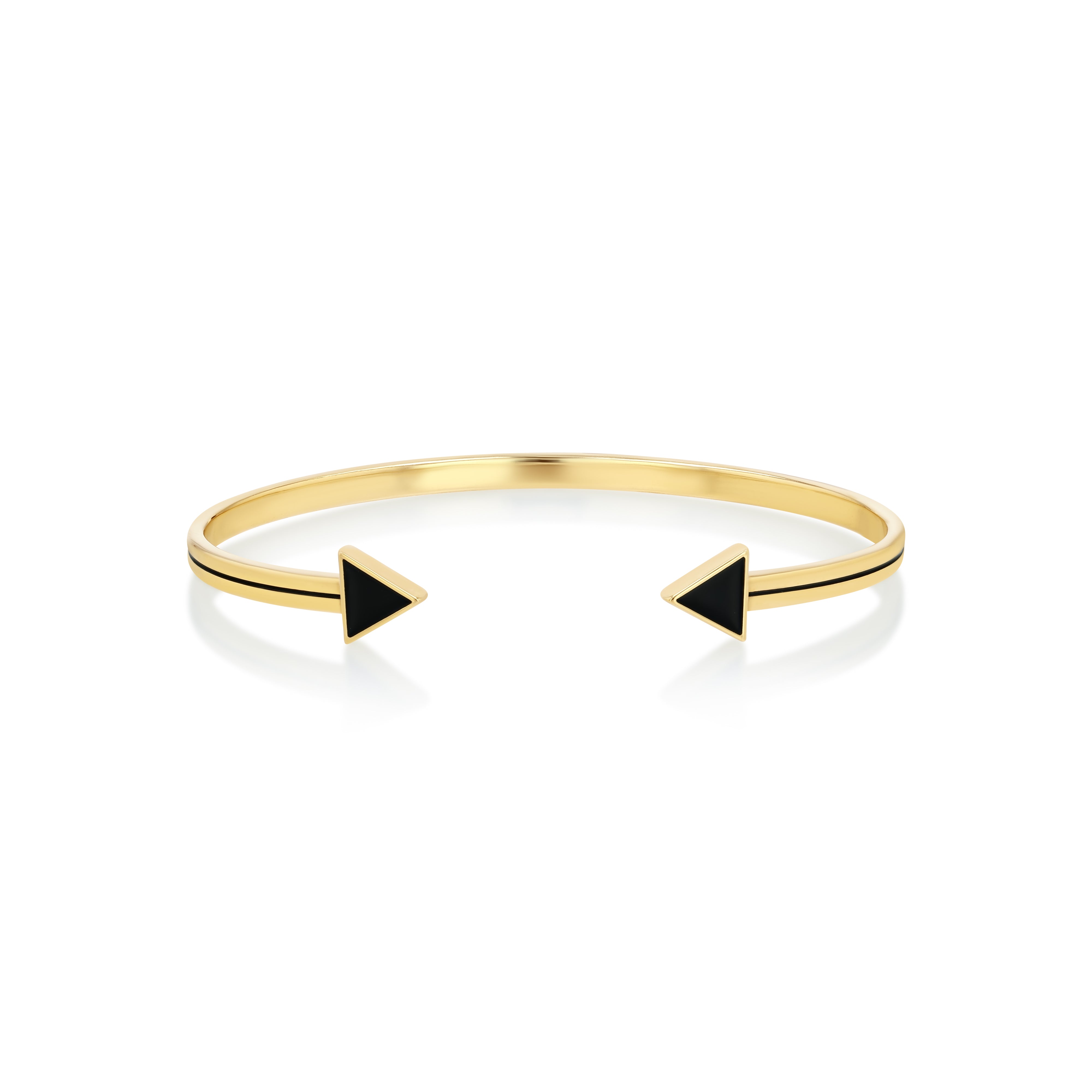 An open bangle bracelet with black enamel piping and black arrow tips, handcrafted in 18k recycled gold.