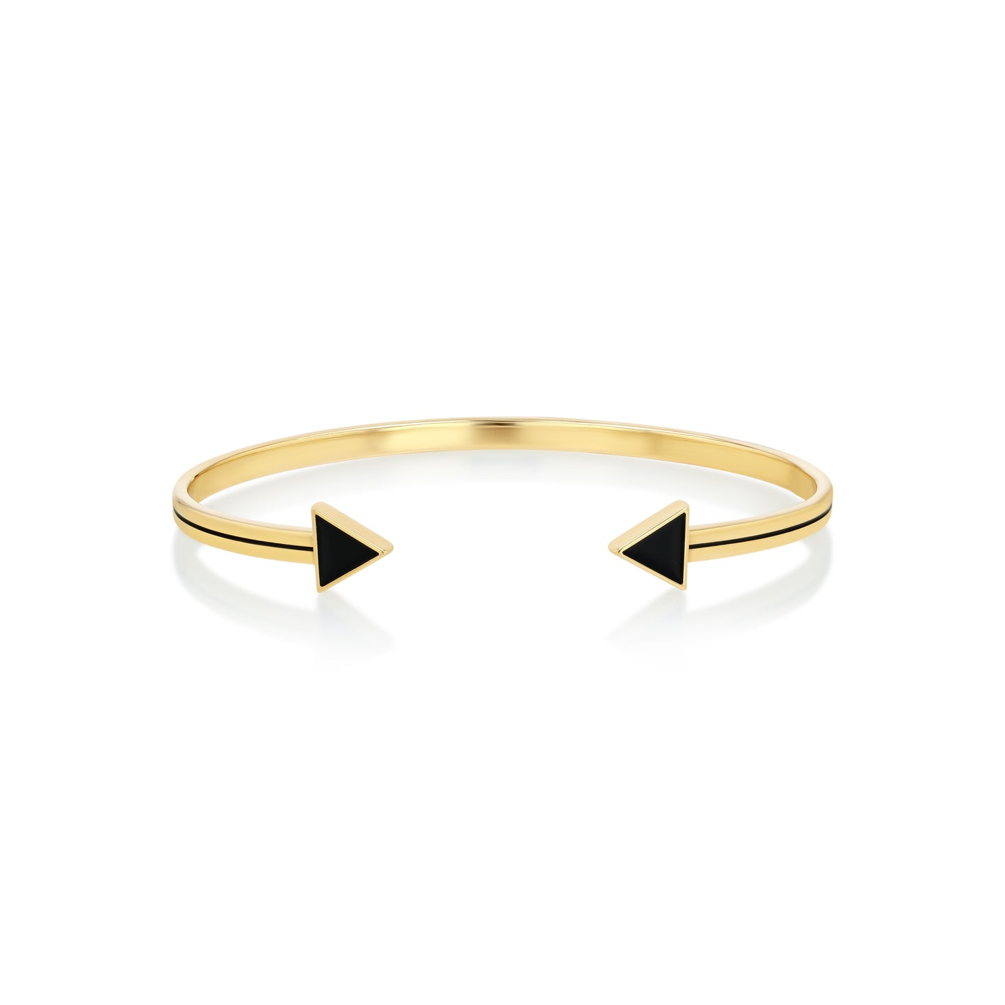 An open bangle bracelet with black enamel piping and black arrow tips, handcrafted in 18k recycled gold.