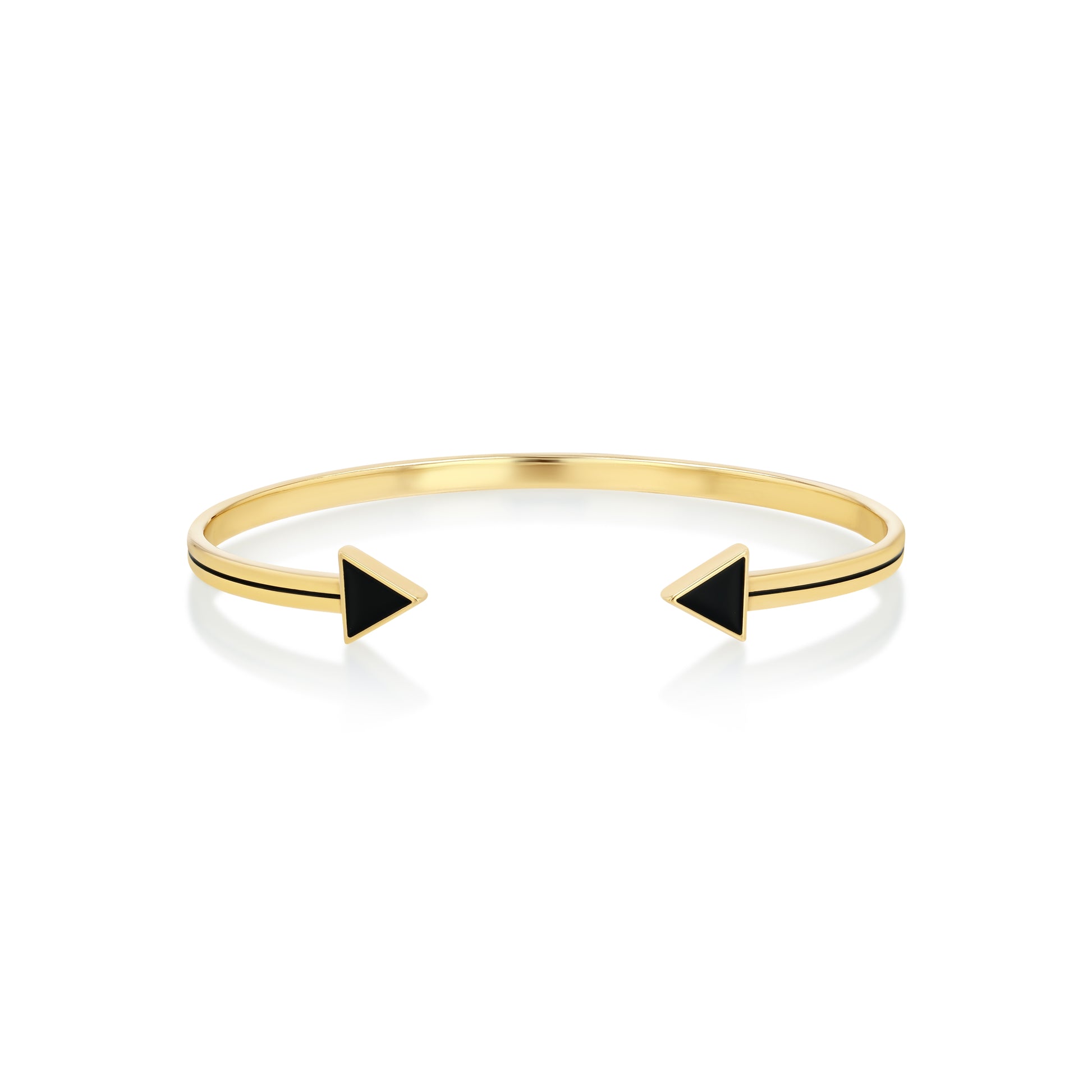 An open bangle bracelet with black enamel piping and black arrow tips, handcrafted in 18k recycled gold.