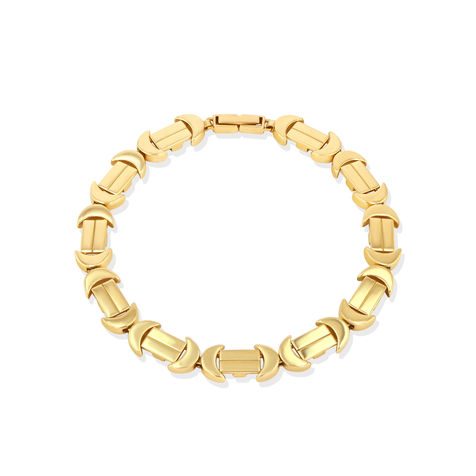 A gold bracelet with a chain of linked half-moon crescent shapes, crafted in an Art Deco style.