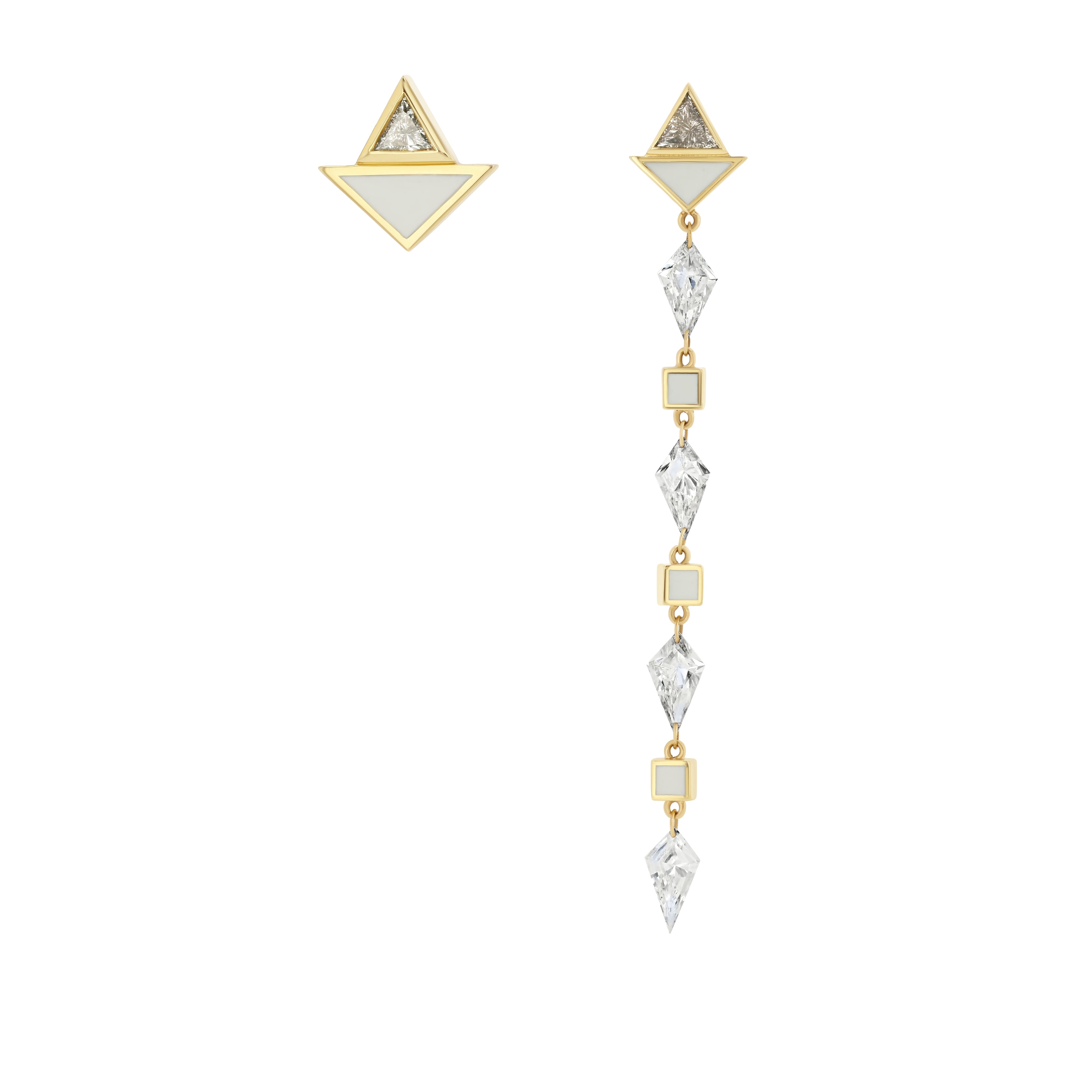 A pair of asymmetric drop earrings with 18k yellow gold and adorned with custom cut kite diamonds and trillion cut diamonds.